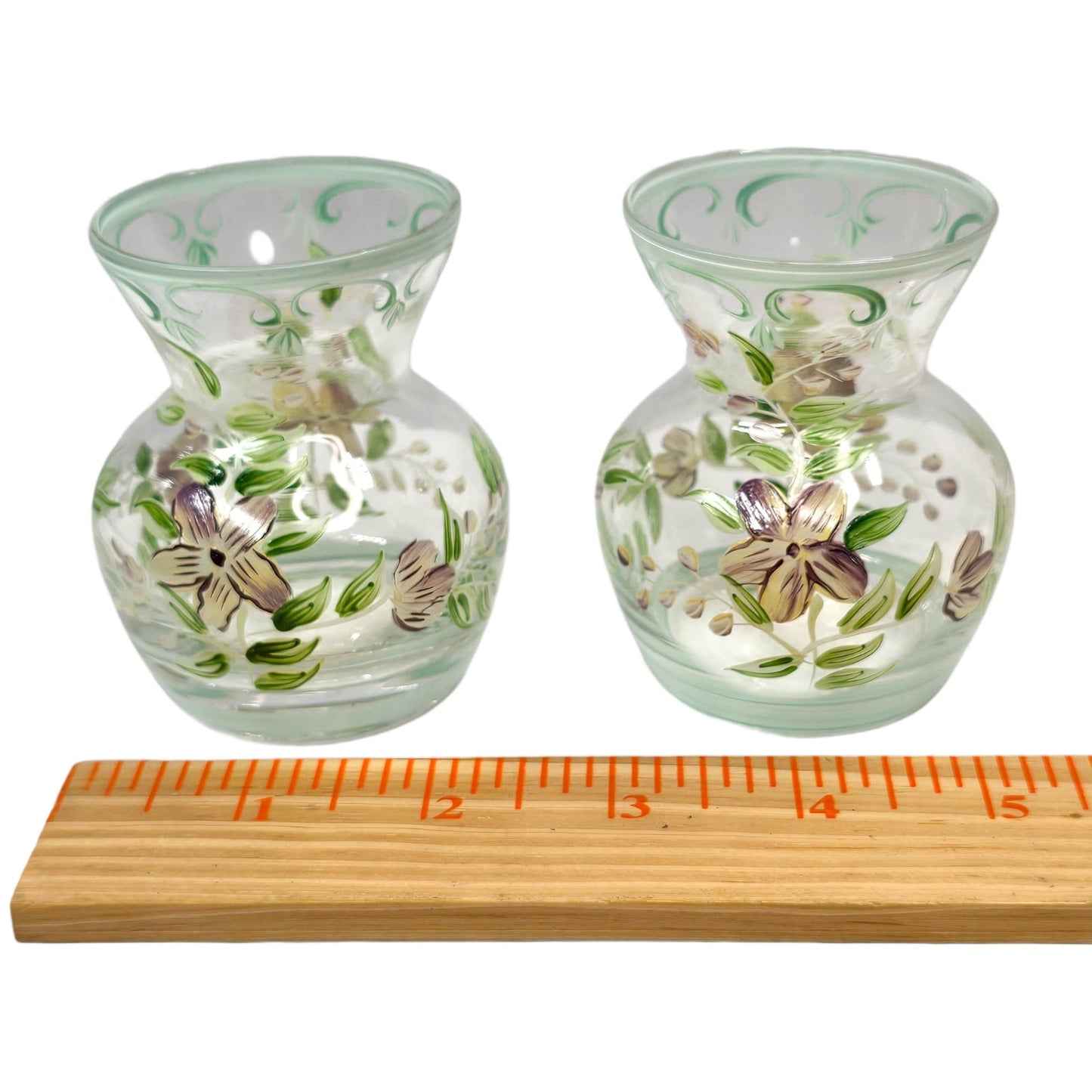 Vtg Hand Painted Floral Glass Vases Lot of 2 Clear Green Trim Small Bud