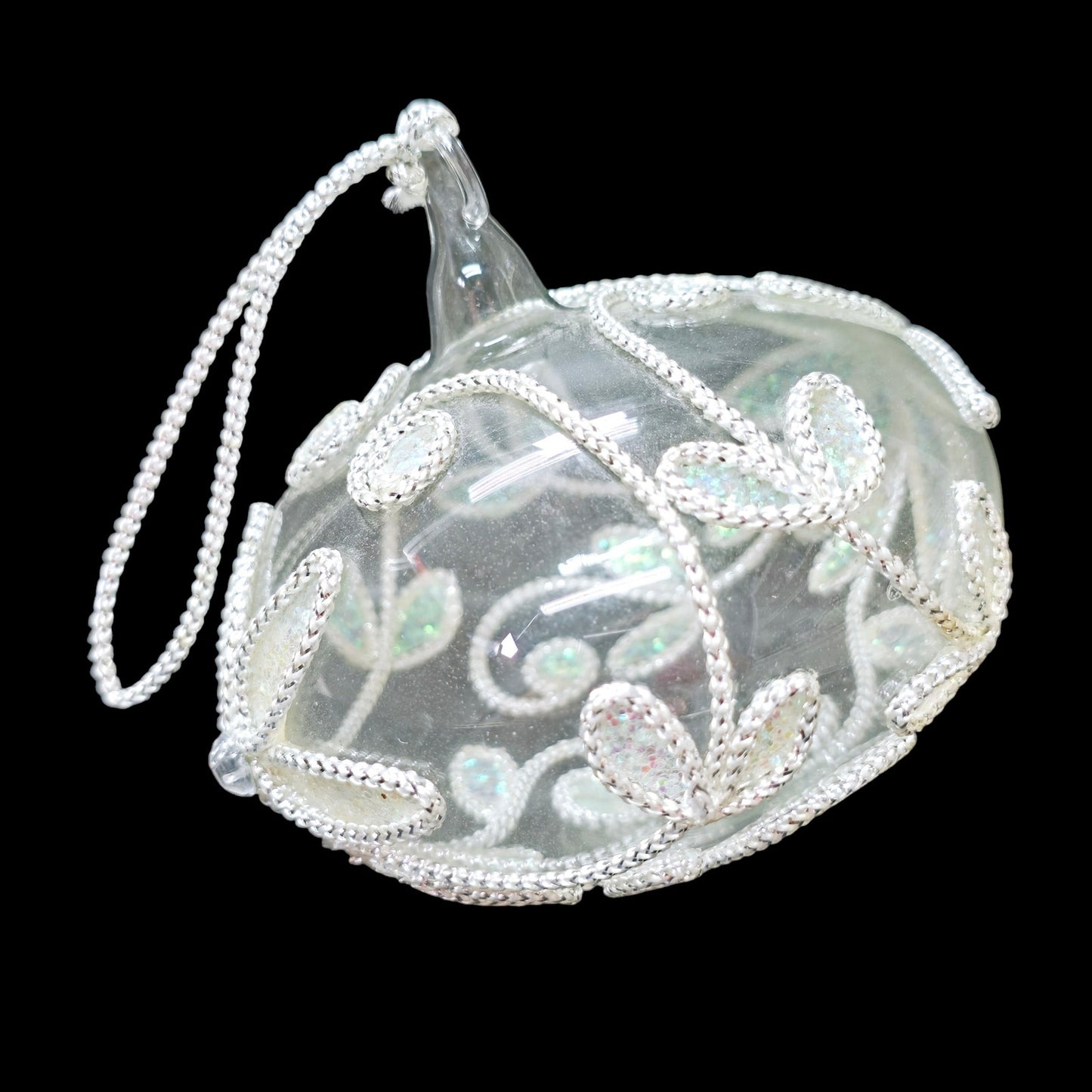 Glass Embellished Ornament, White Iridescent Floral Trim