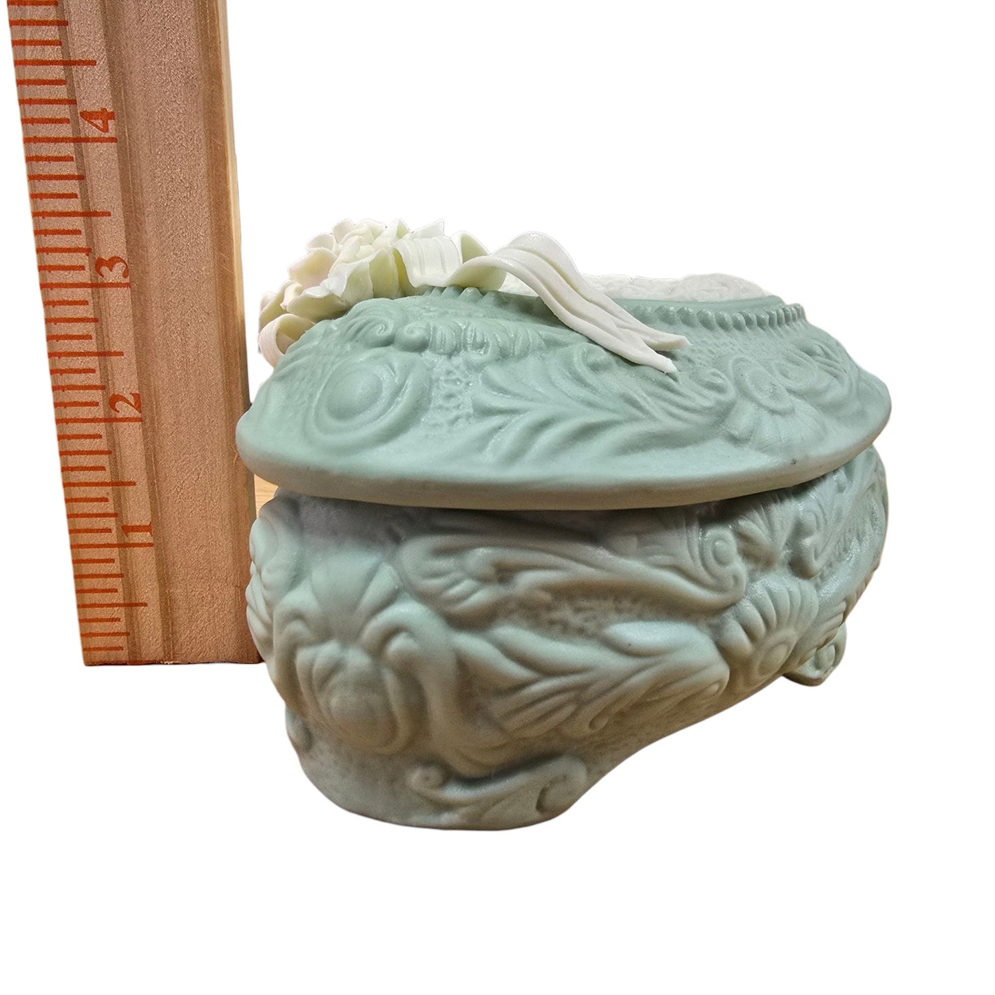 (Reserved for Customer) Large Vintage Jasperware Green Heart Shaped Dresser Box, Cameo & Floral Ribbon