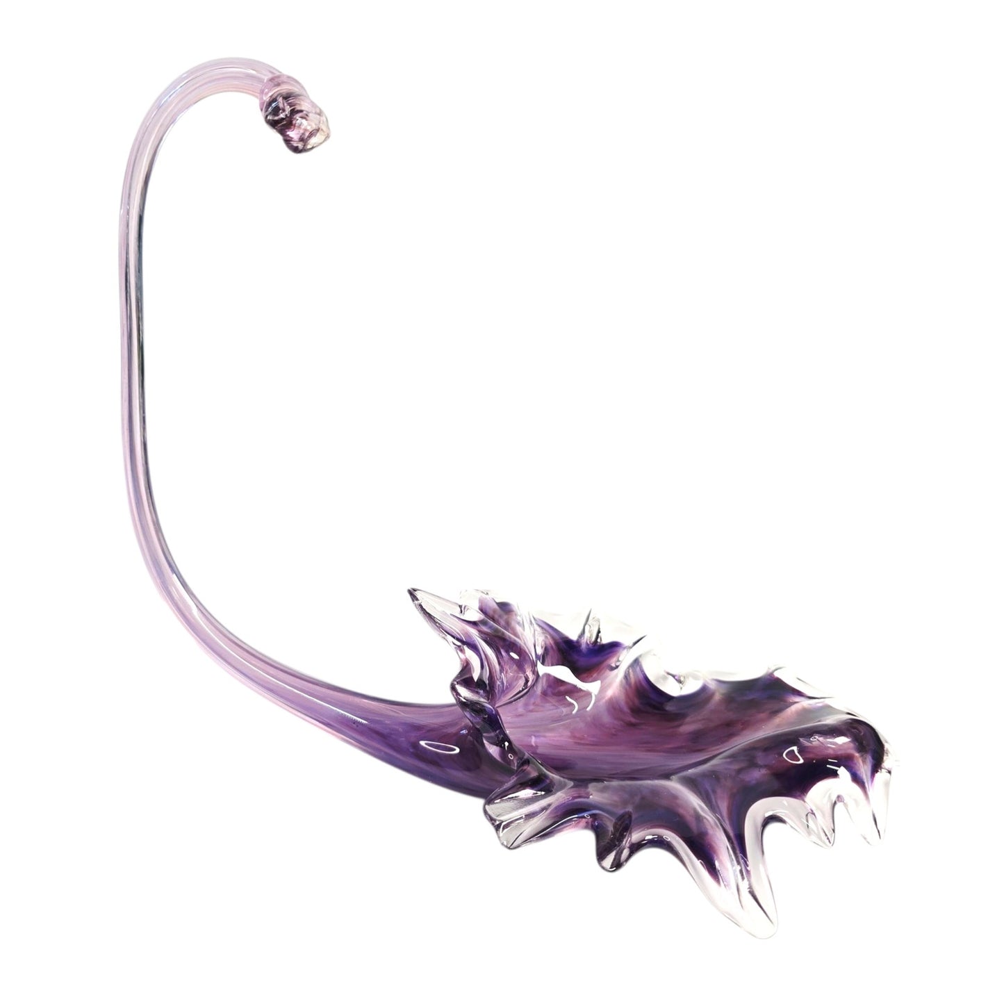 Hand-Blown Purple Trumpet Art Glass Flower Curved Up Stem, Blowing Leaf