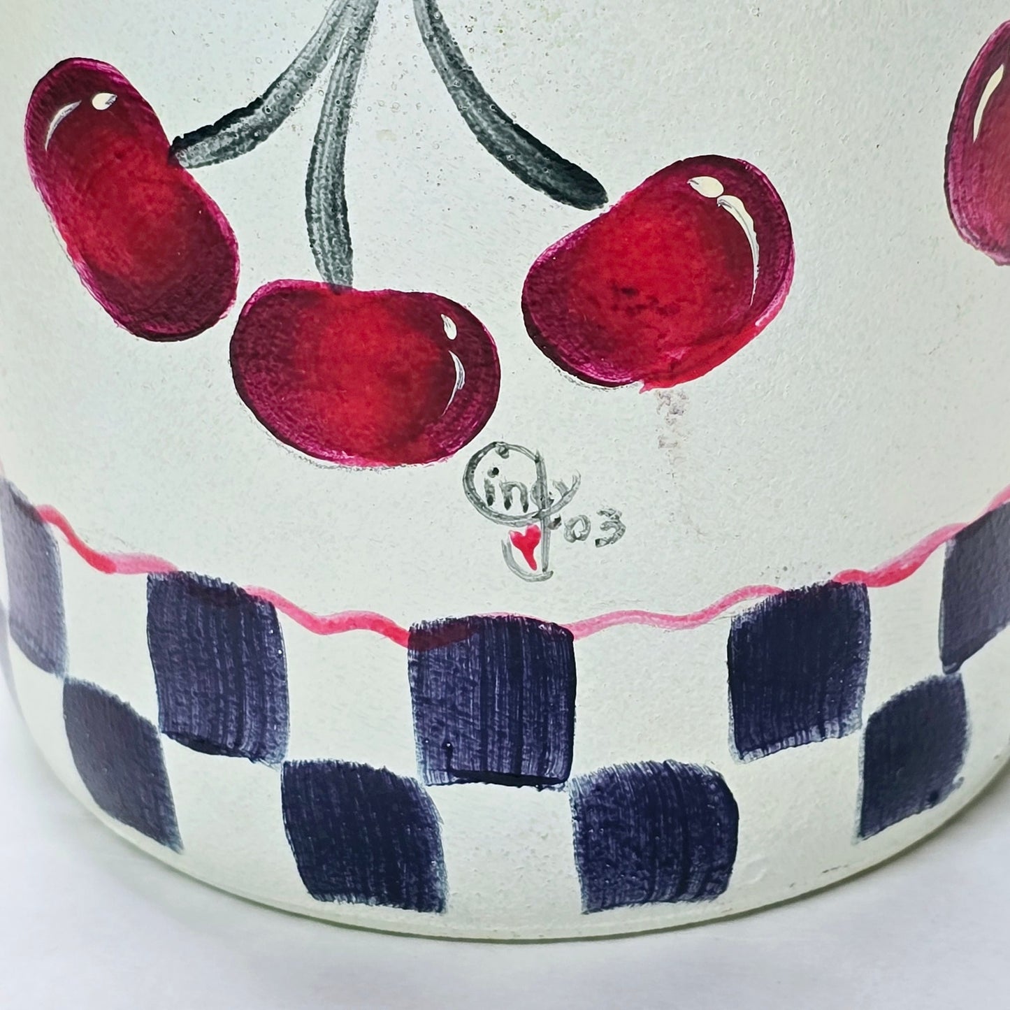 Vtg Hand Painted Glass Cherry Jar, Signed 2003, Hobbyist Piece
