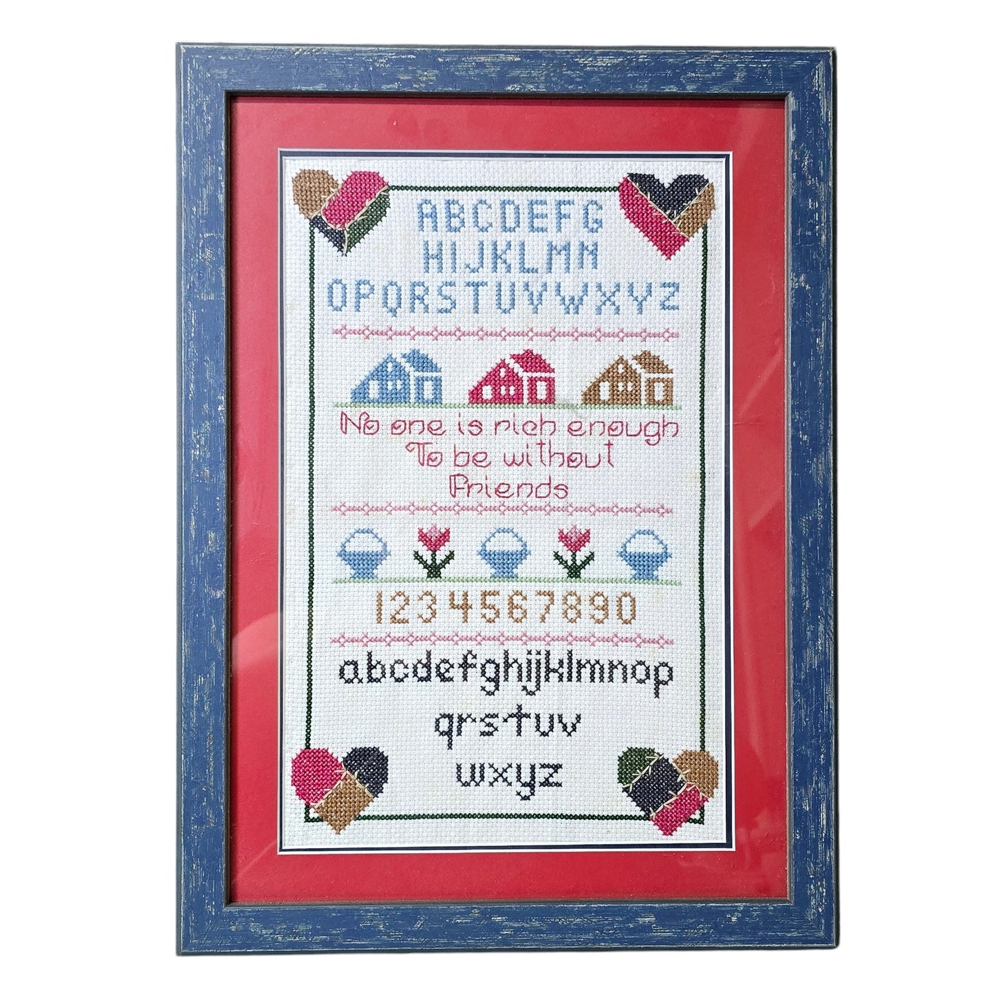 Vintage Framed Completed Alphabet Cross Stitch "No One Is Rich Enough To Be Without Friends" 16" by 11.5"