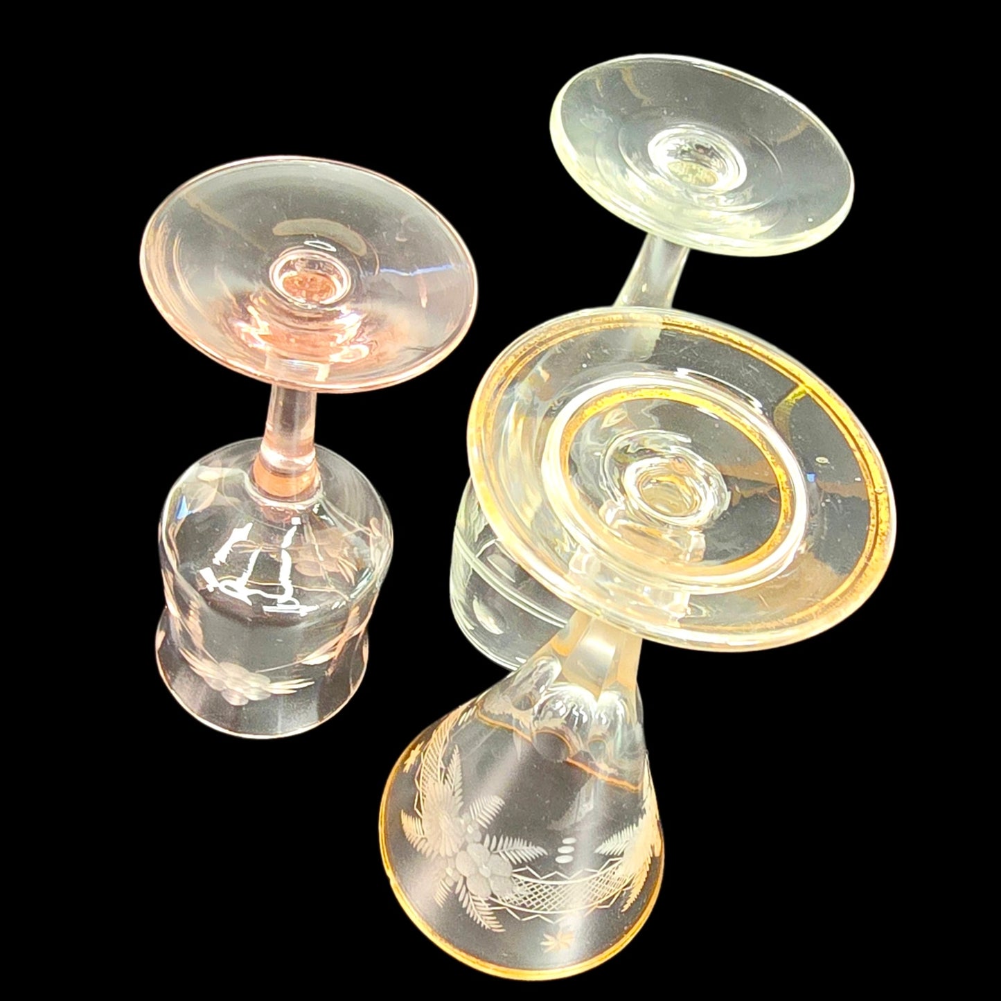 Trio of Petite Vtg Cordial Glasses Mismatched Minitature Liqueur Glass Set Read