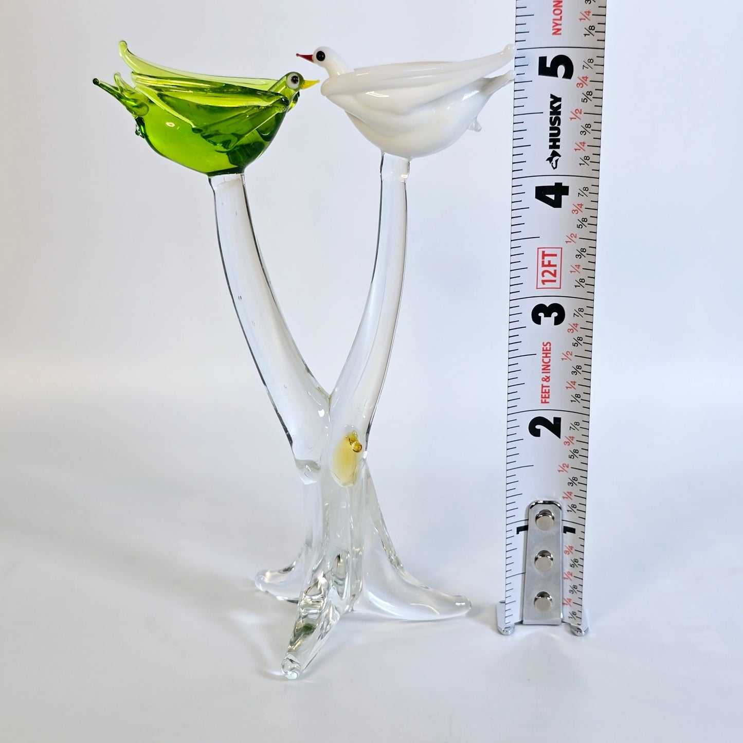 Handblown Green and White Art Glass Birds in Tree, Stretched Glass Birds in Tree