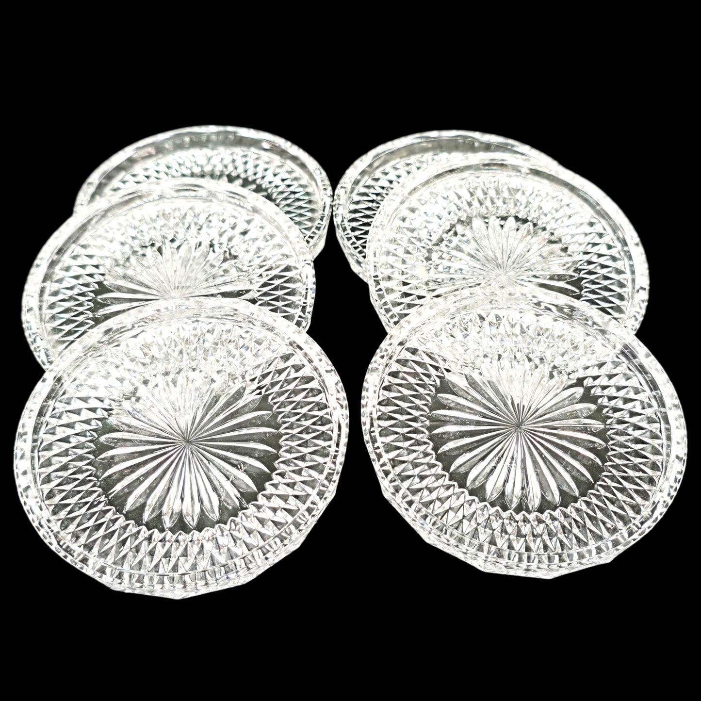 Vintage Clear Glass Coaster Set, Diamond Cut Coasters Set of 6