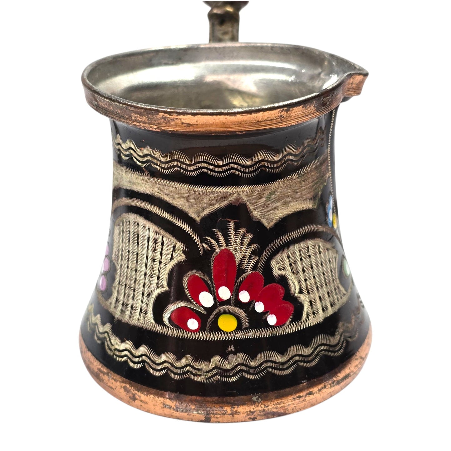 Vintage Hand Painted Copper Turkish Coffee Pot 6oz Enamel Floral Folk Art Cezve w/ Wood Handle