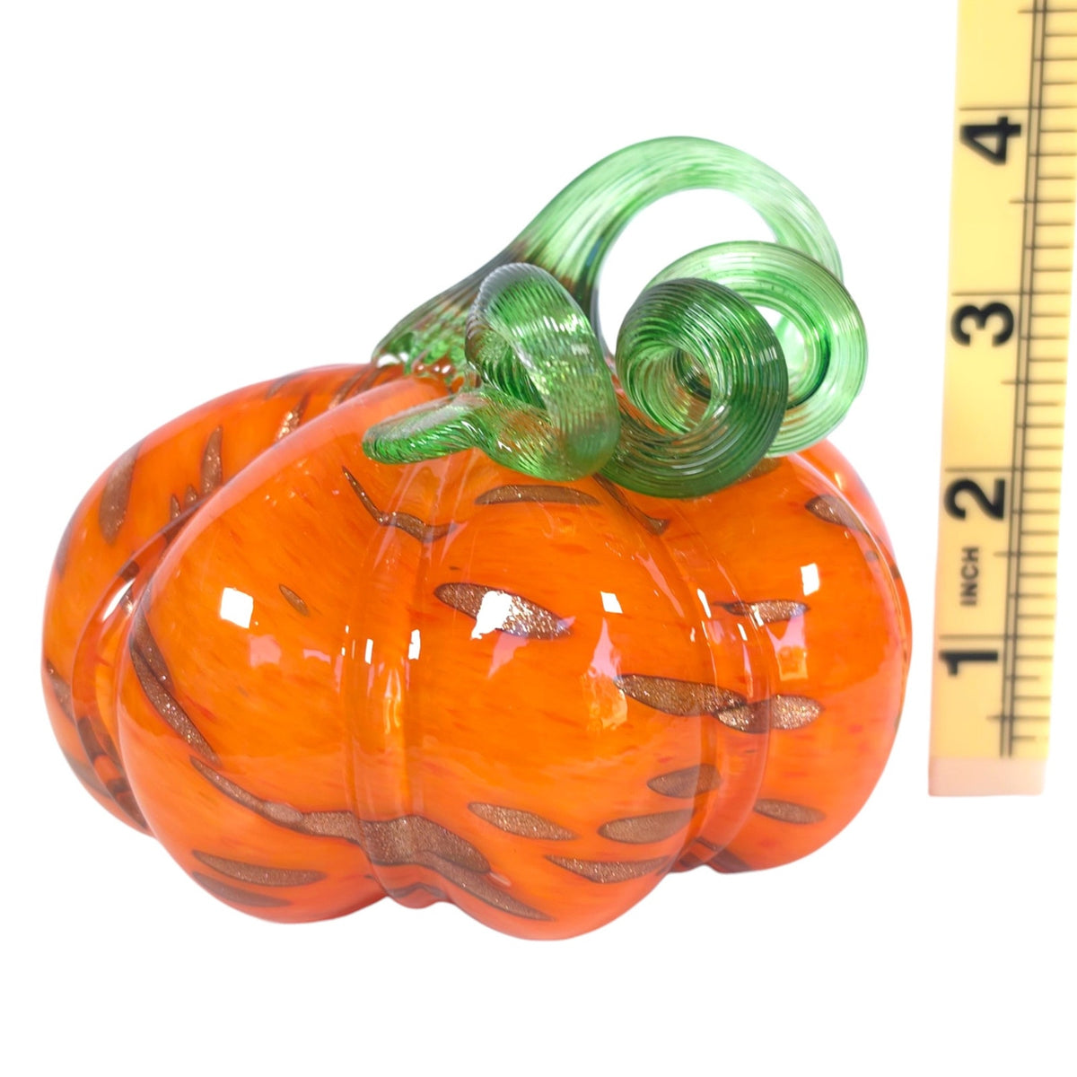 Hand Blown Orange Art Glass Pumpkin Green Curled Vine Stem Metallic Accents