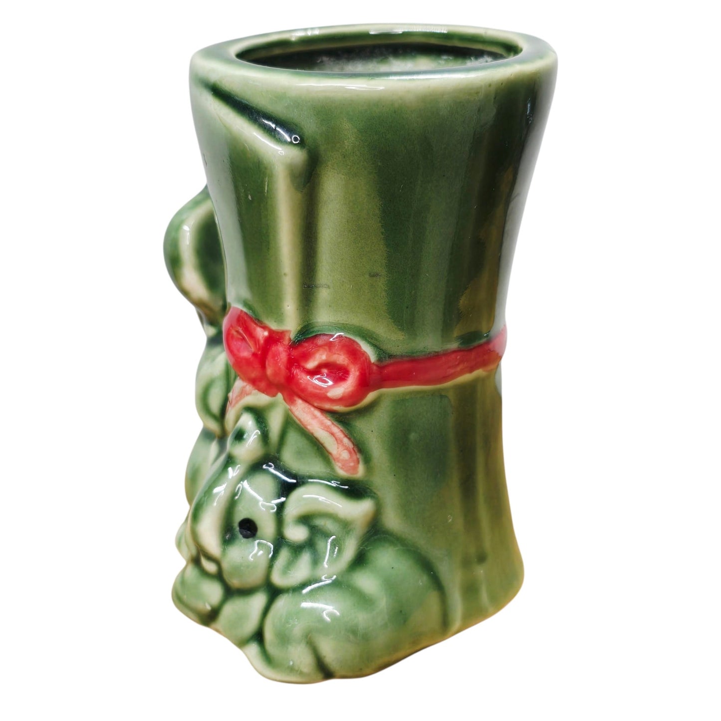 Vintage Green Elephant Ceramic Planter Rolled Scroll Design with Red Bow 5"