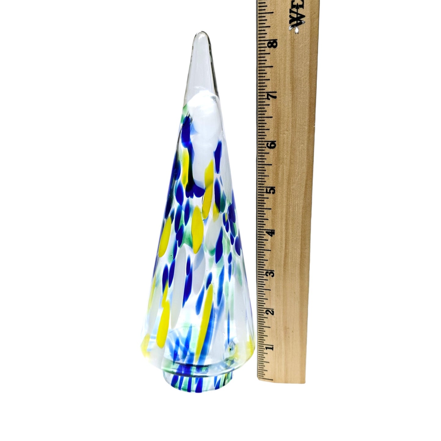 Handblown Art Glass Christmas Tree, Hollow, 8.25", Blue, Yellow, Green Glass