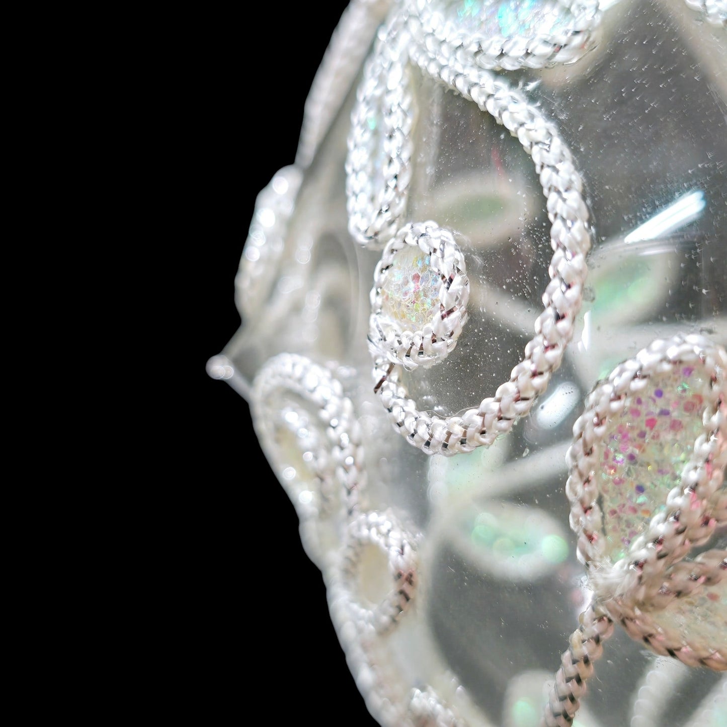 Glass Embellished Ornament, White Iridescent Floral Trim