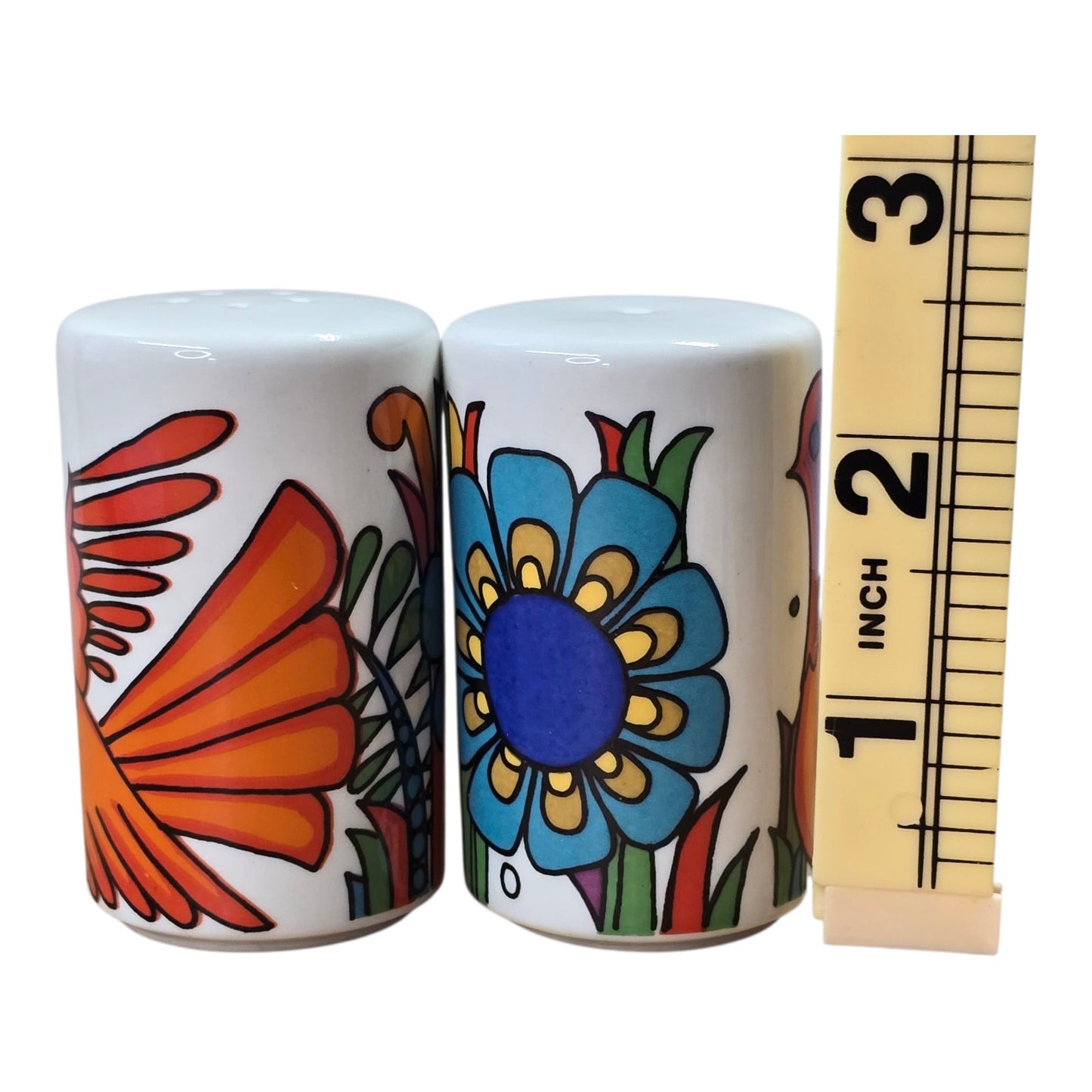 Vtg Villeroy Boch Acapulco Salt Pepper Shakers Retro Bird Flower Set Pop Art