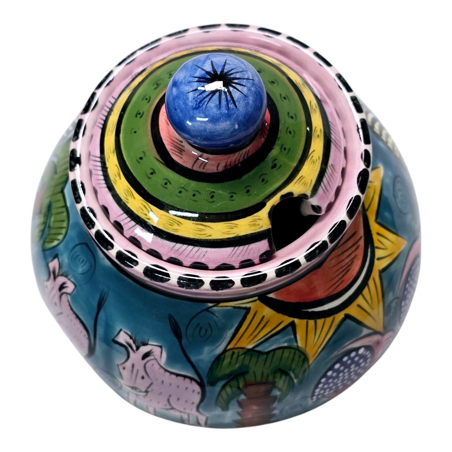 Vtg Penzo Pottery Zimbabwe Signed Hand Painted Lidded Sugar Dish African Safari