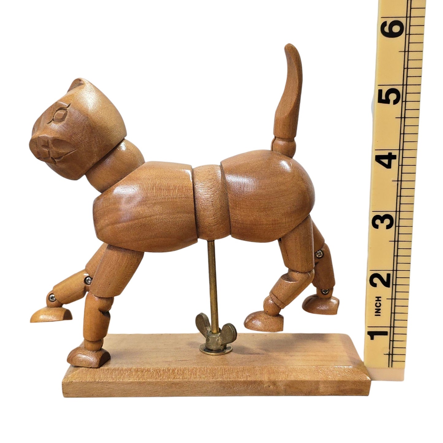 Vintage Articulated Wooden Cat Model Artist Mannequin Figurine Poseable on Stand