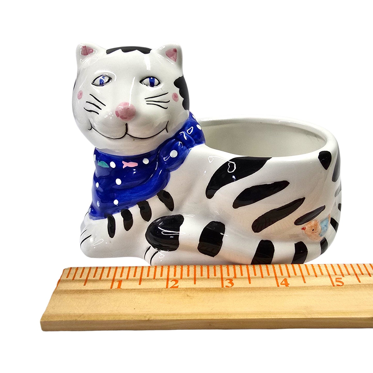 Striped Cat Planter Ceramic Handpainted Blue Scarf Bird Vtg Certified Intl CIC