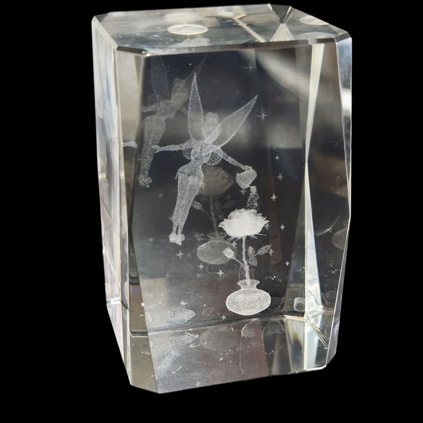 Disney Tinkerbell 3D Crystal Glass Cube Paperweight, Watering Flower Water Can