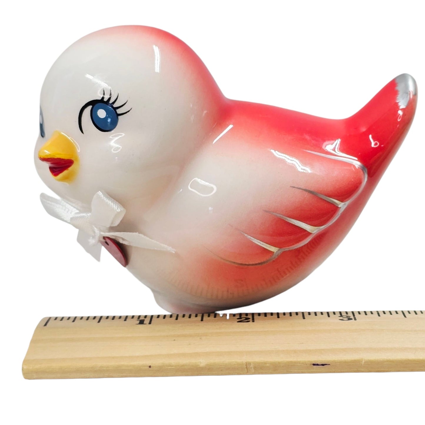 Ceramic Vintage-Inspired Baby Bird, Pink and Red Kitschy Bird Pudgy Baby Bird