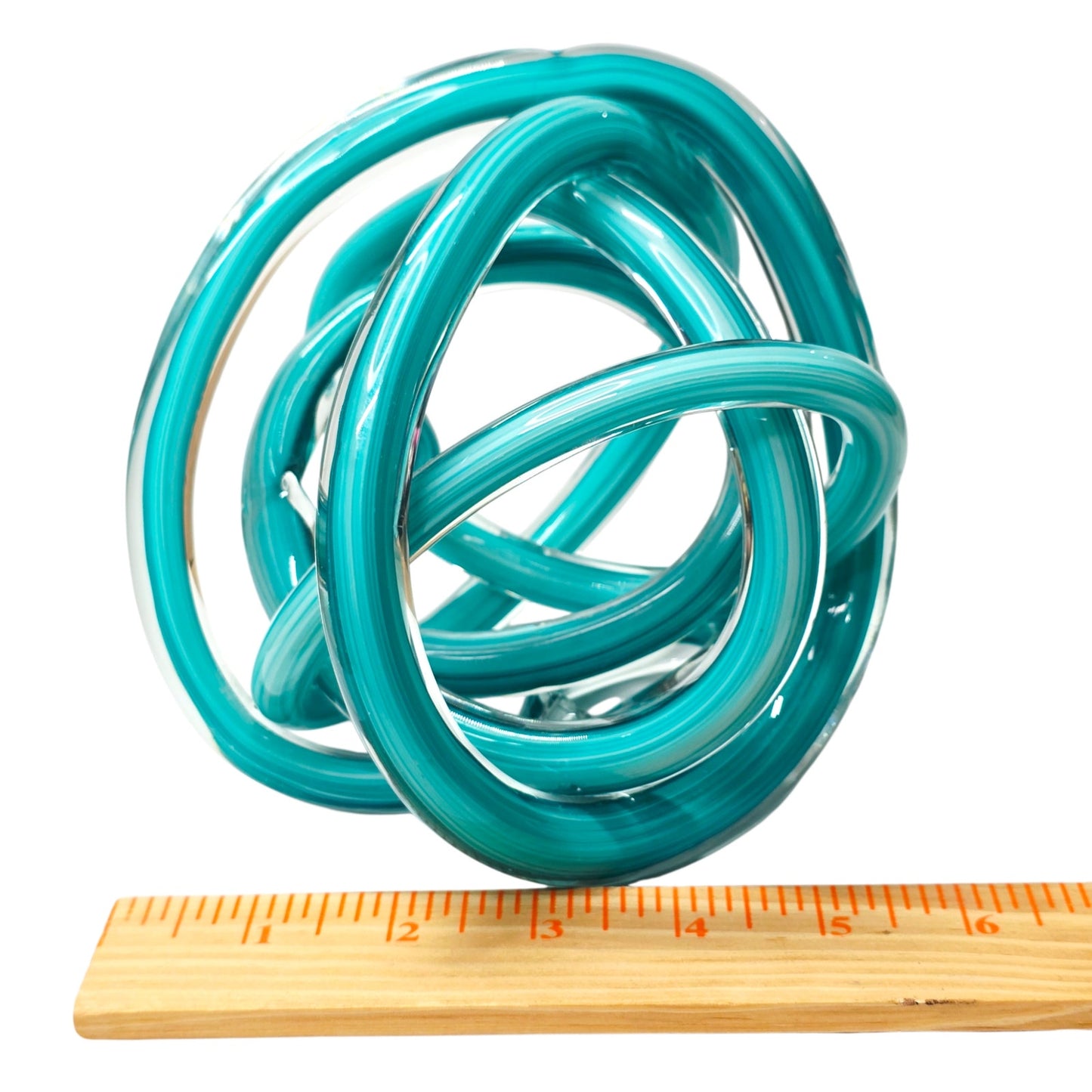 Teal Blue Hand-Blown Art Glass Knot Sculpture - Modern Abstract Decor