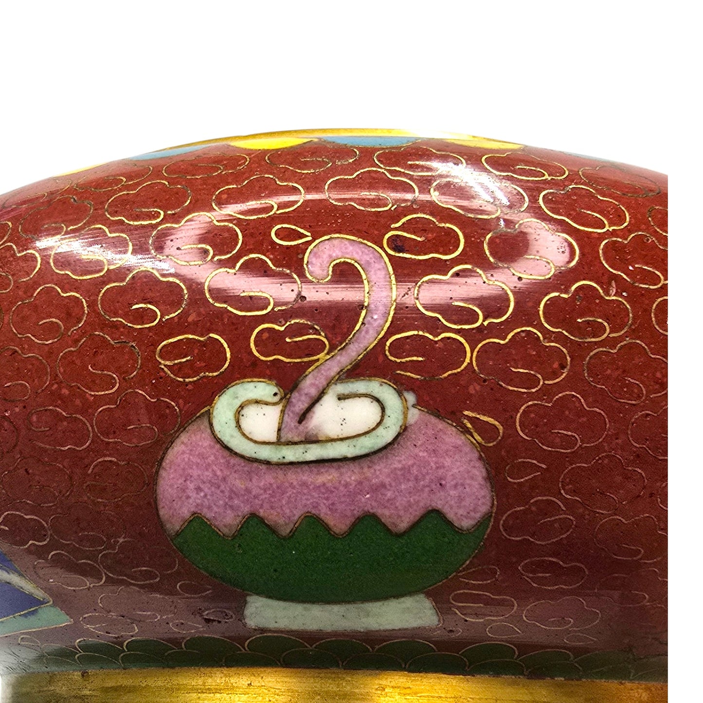 Vtg Chinese Cloisonne Lidded Bowl Red Enamel Lotus Floral Brass Vanity Dish