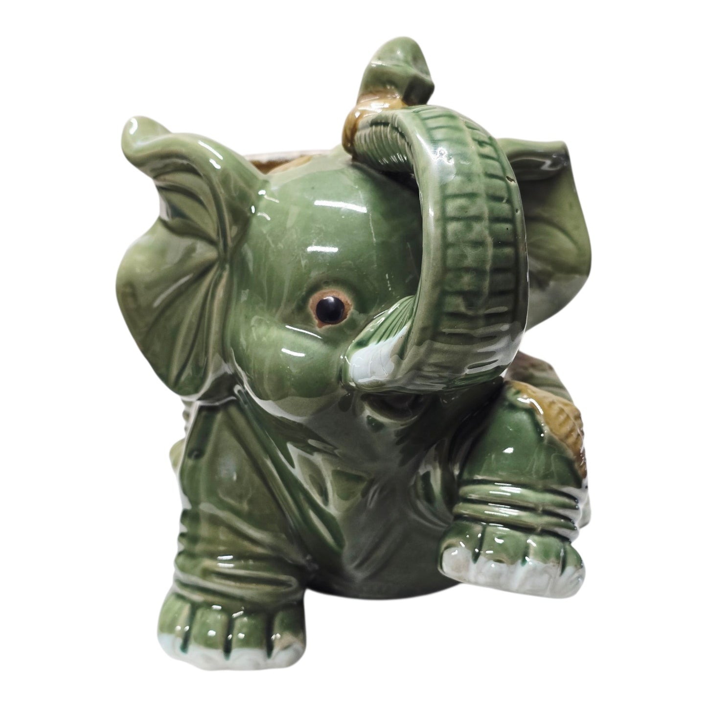 (Reserved for Customer) Large Vtg Green Ceramic Elephant Planter Raised Trunk Pink Bow 11" Japan