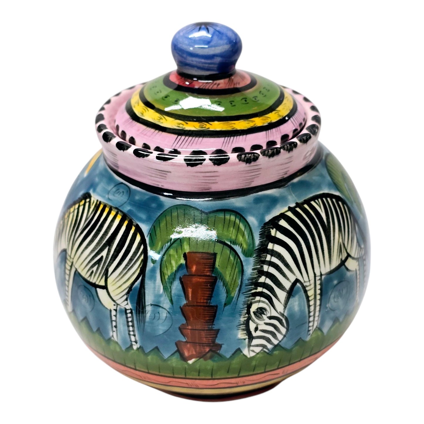 Vtg Penzo Pottery Zimbabwe Signed Hand Painted Lidded Sugar Dish African Safari