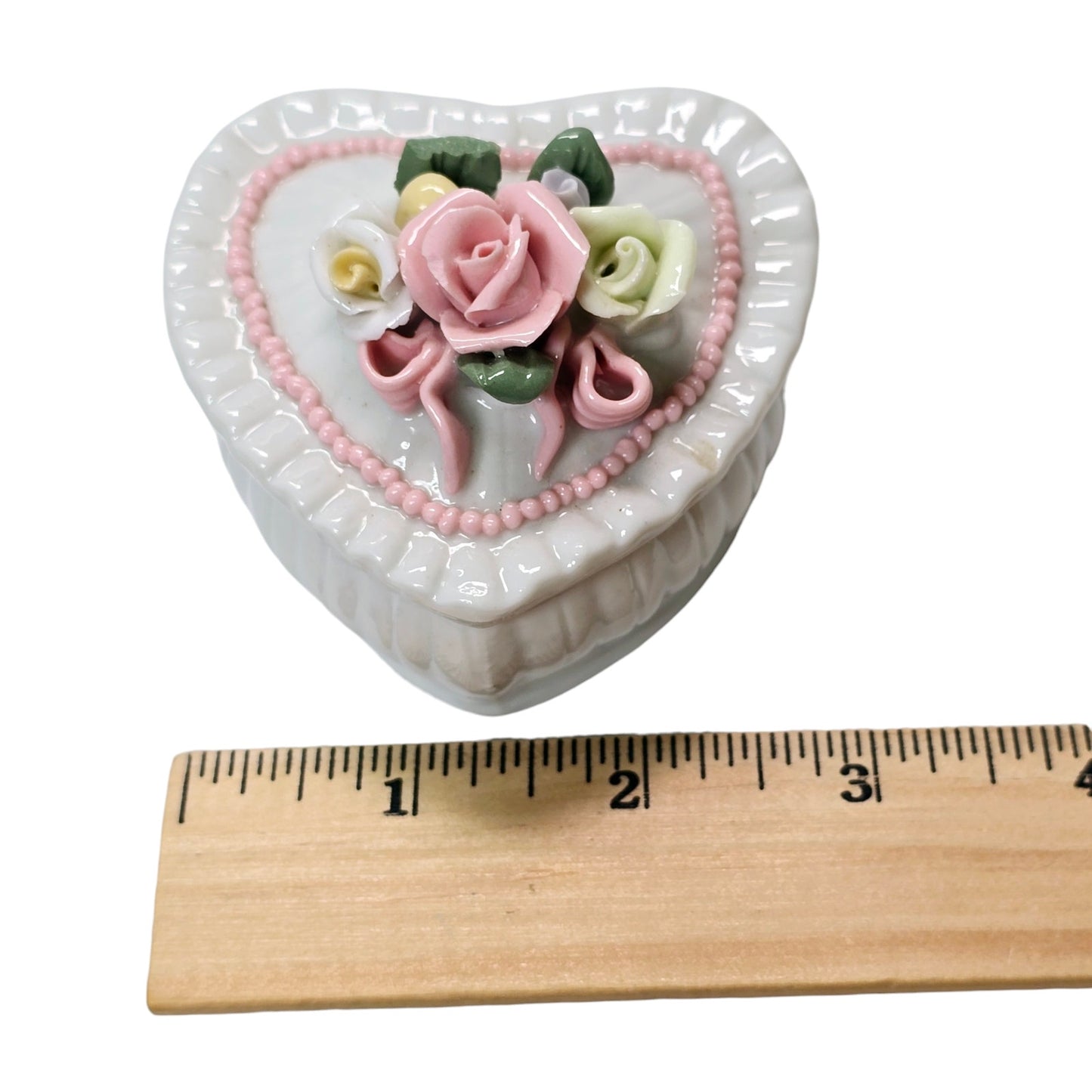 AS IS Vintage Heart Shaped Porcelain Trinket Box Ring Holder with Roses Accents