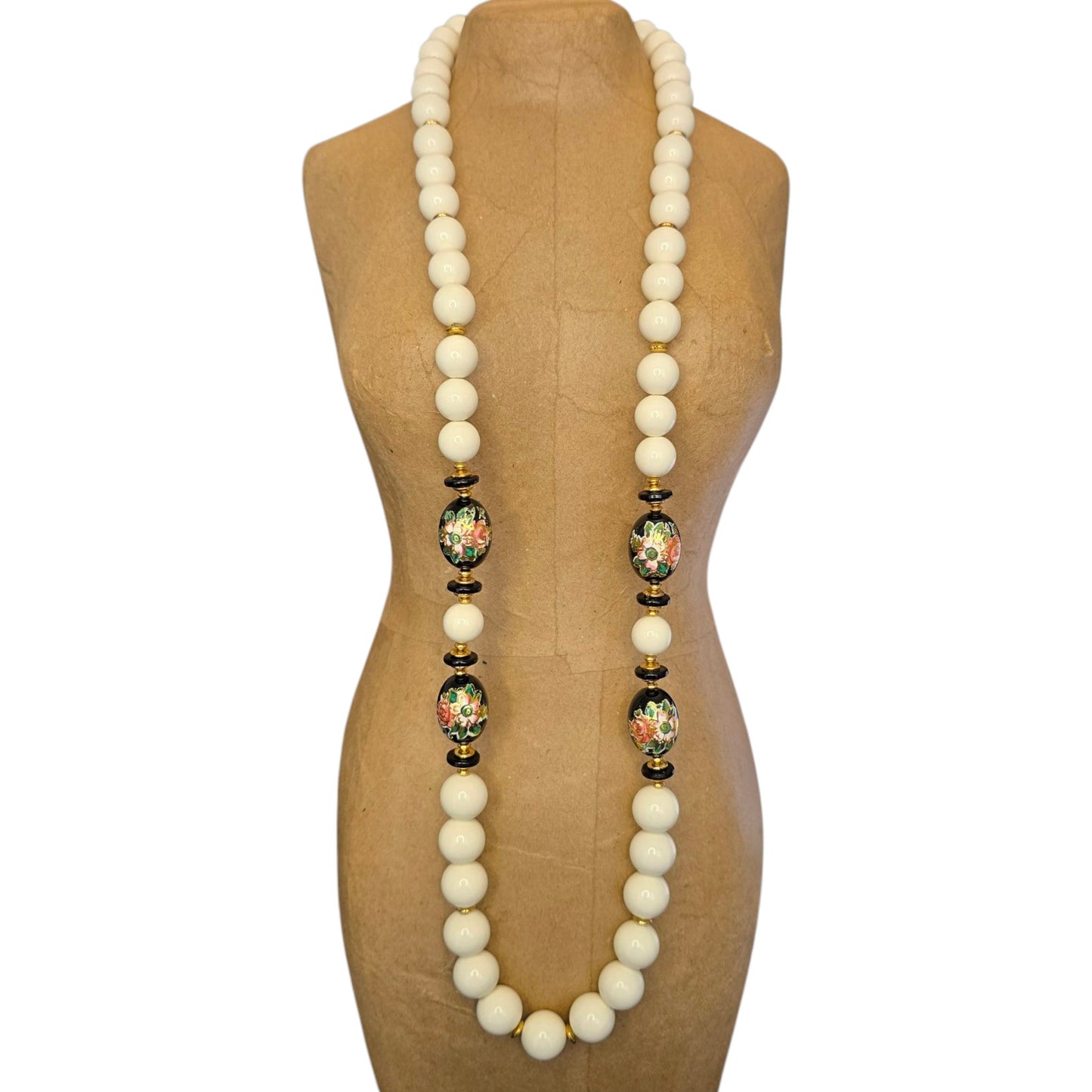 * Vtg Floral Strand Necklace Handpainted over Applied Bead Gold Tone Accents 28"