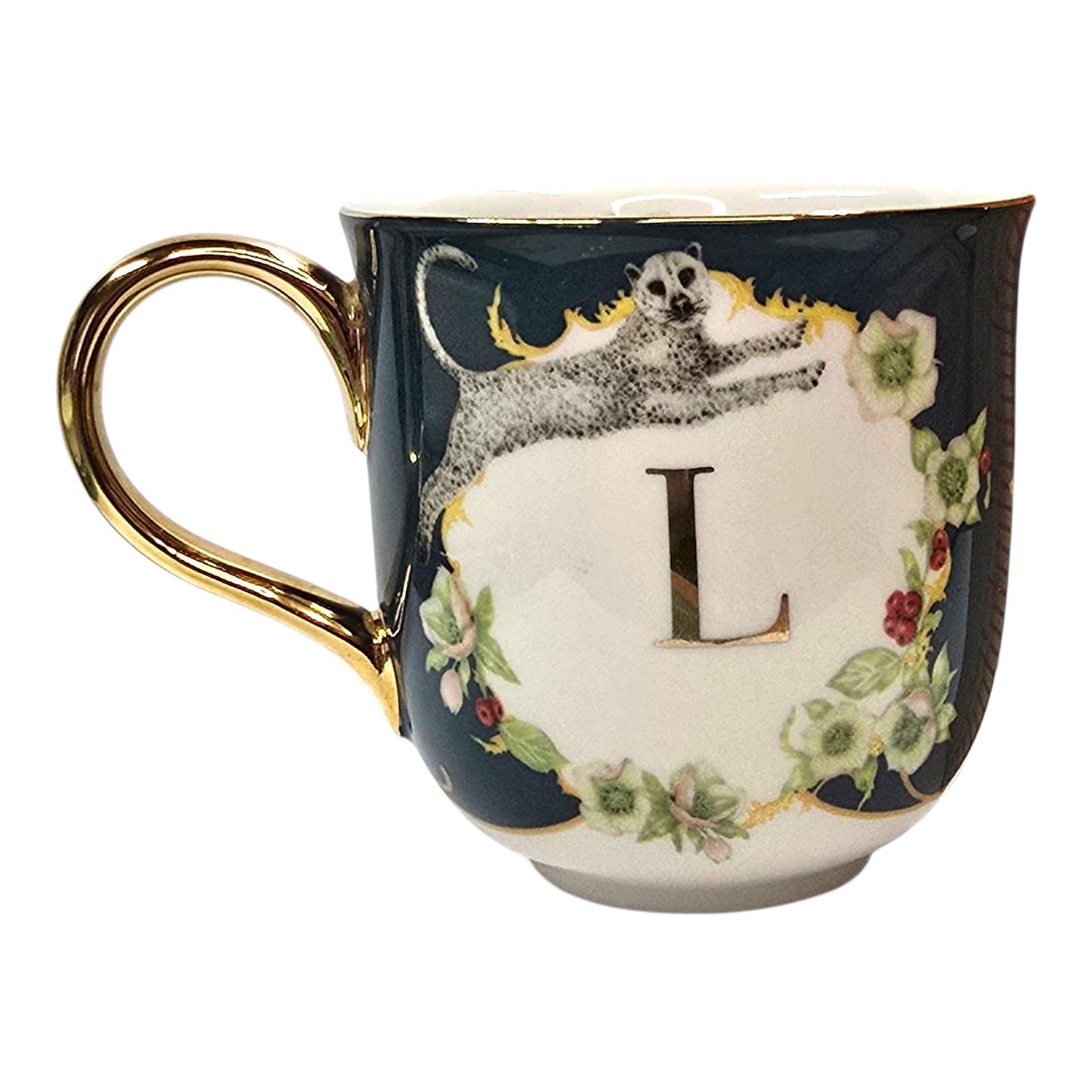 Anthropologie L Mug Monogram Leopard Lou Rota Floral Cup Gold Handle Boho-chic
