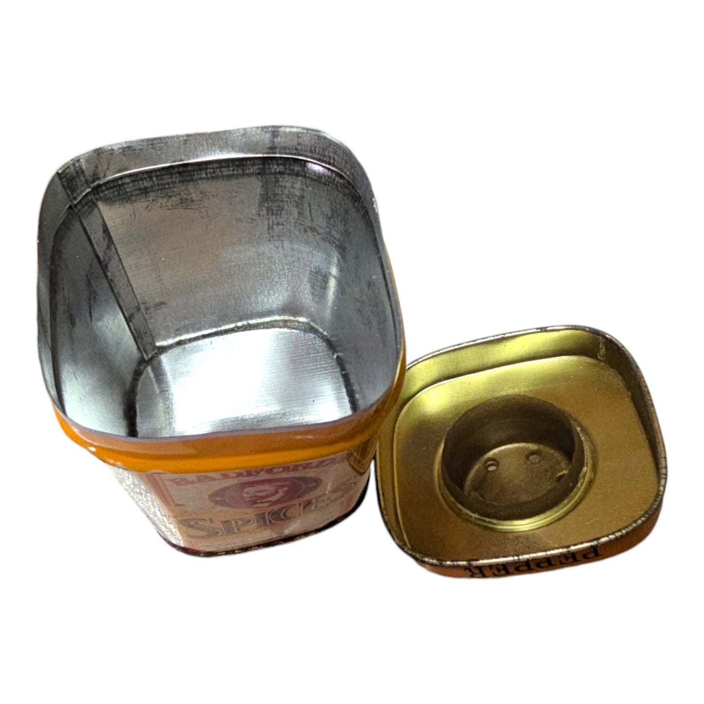 4 pc Vintage Nesting Tin Cannisters, Carmichael's Chips, Hague's Pretzels, Radford's Roasted Nuts and Radford's Spice Jar