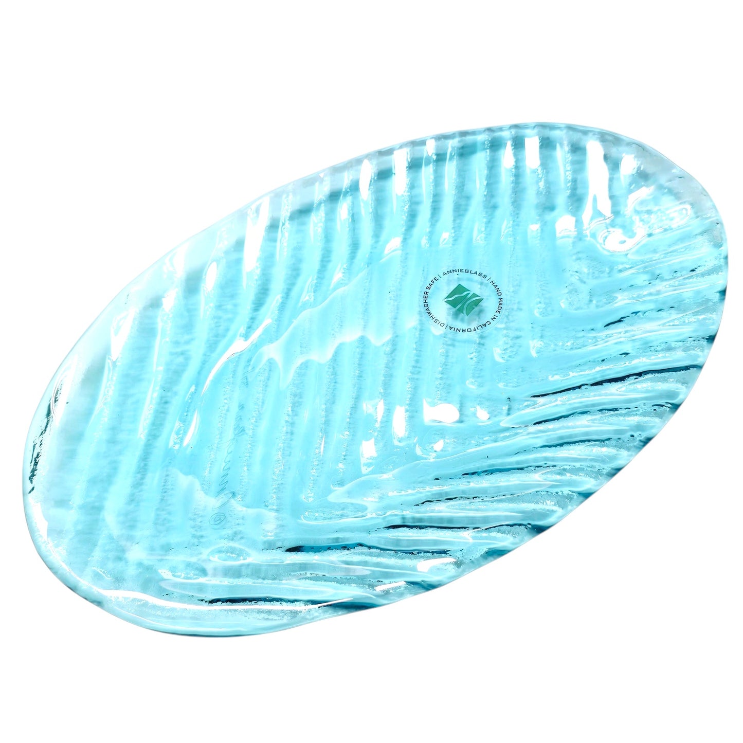 Annieglass Signed, Numbered, Oval Platter, Leaf Dish Handcrafted Artisan Glass Made in USA, Textured Ribbed Glass