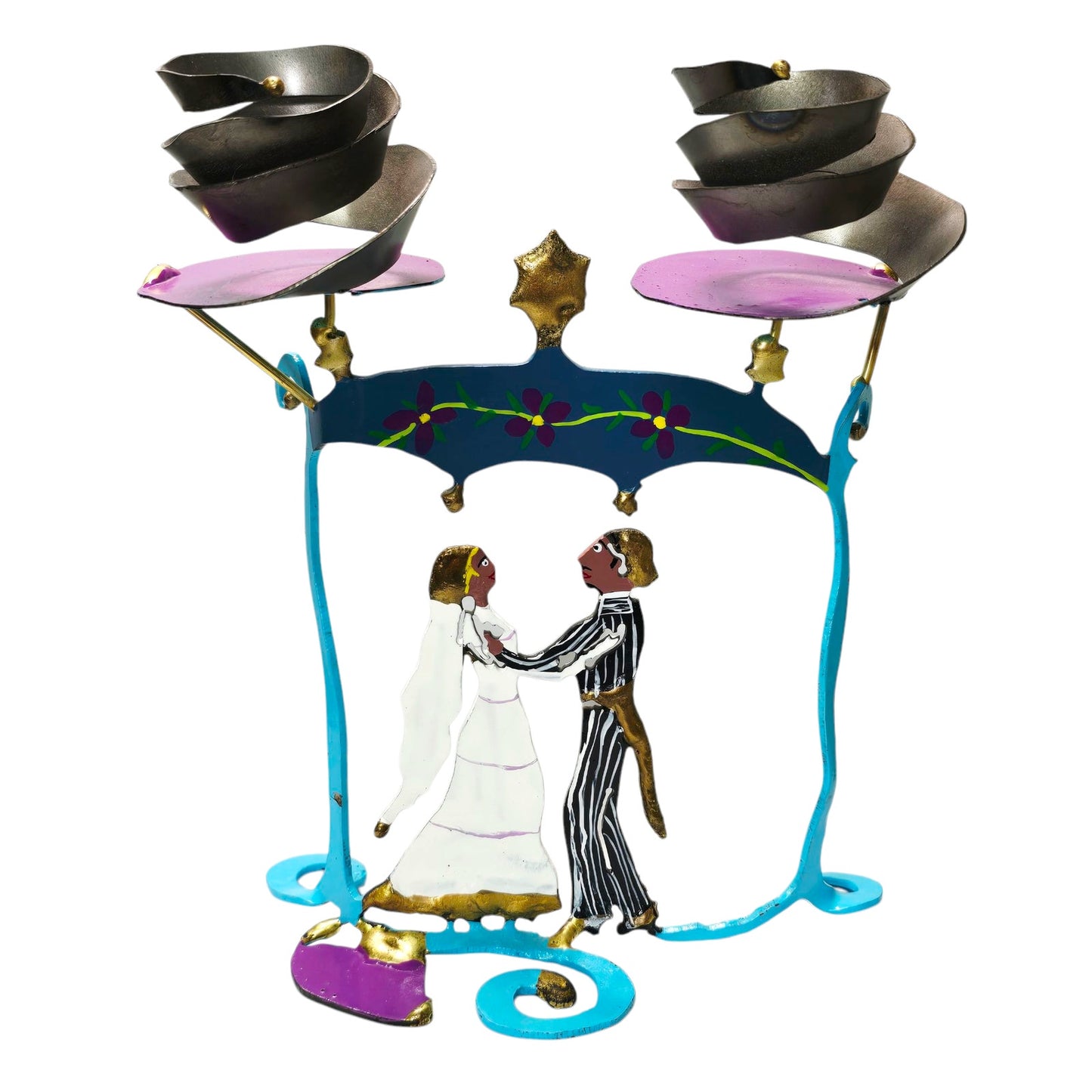 Piper Strong Enameled Metal Sculpture, Metal with Brass Dancing Man Woman Bride Groom Wedding