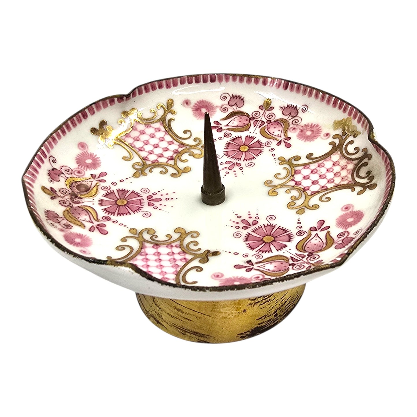 Pair Vintage Austrian Footed Porcelain Spike Candle Dishes Pink & Gold Floral Austria