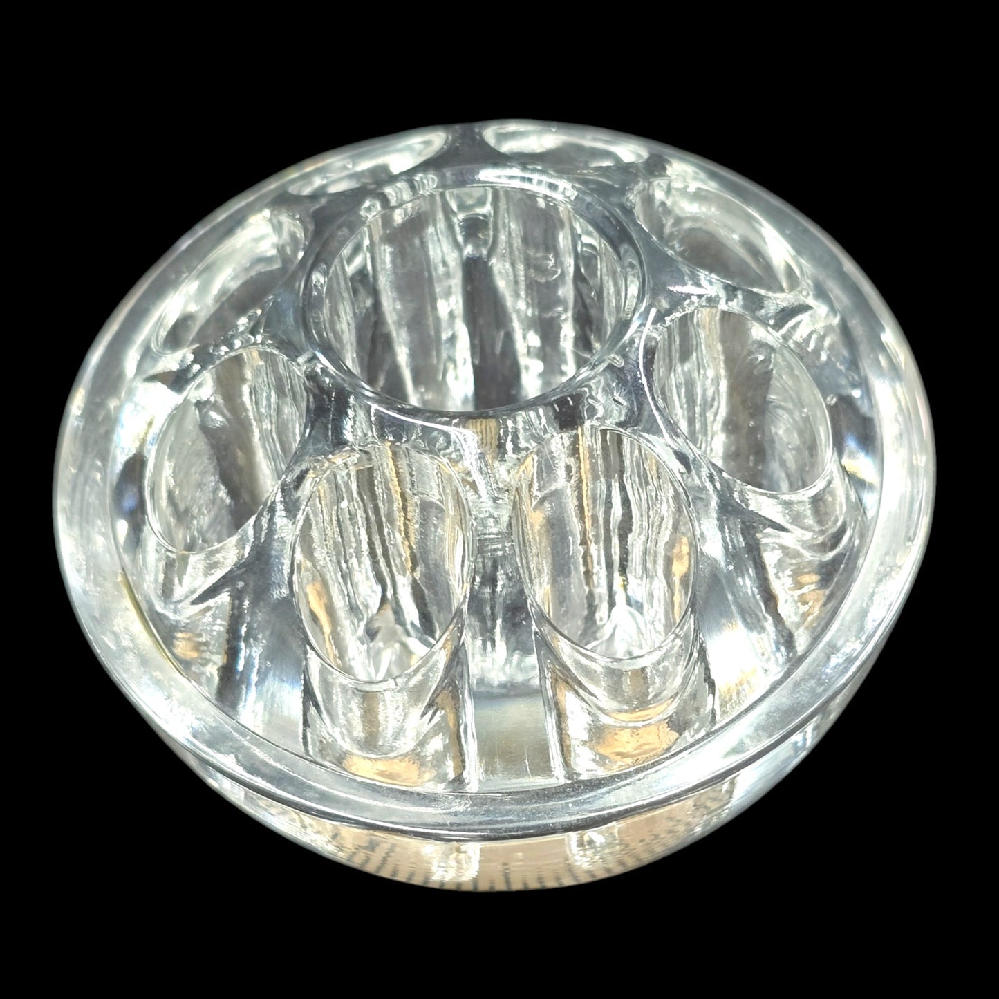 Vintage Domed Glass Flower Frog, 9 Holes, Lightly Glowy, 3" W