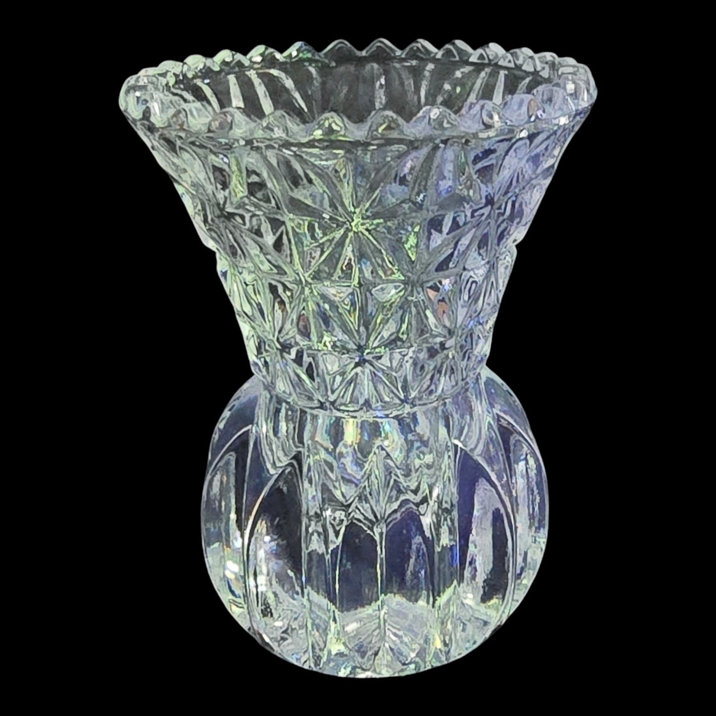 Vtg Crystal Toothpick Holder Bud Bulb Base Flared Top Pressed Glass Sawtooth Rim