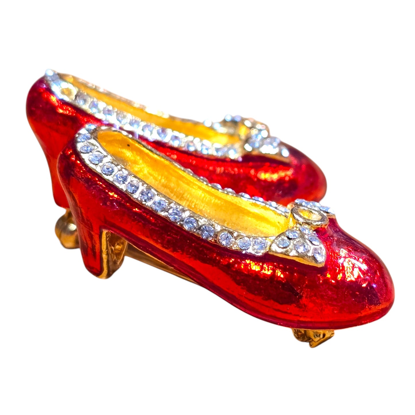 AS IS Ruby Slippers Red Enamel Rhinestone Accents Bow Red Shoes Pin Brooch Jewelry