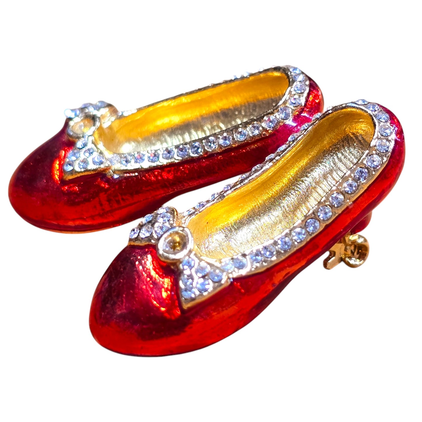 AS IS Ruby Slippers Red Enamel Rhinestone Accents Bow Red Shoes Pin Brooch Jewelry
