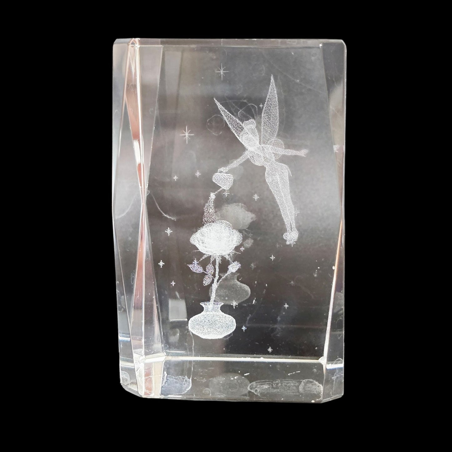 Disney Tinkerbell 3D Crystal Glass Cube Paperweight, Watering Flower Water Can