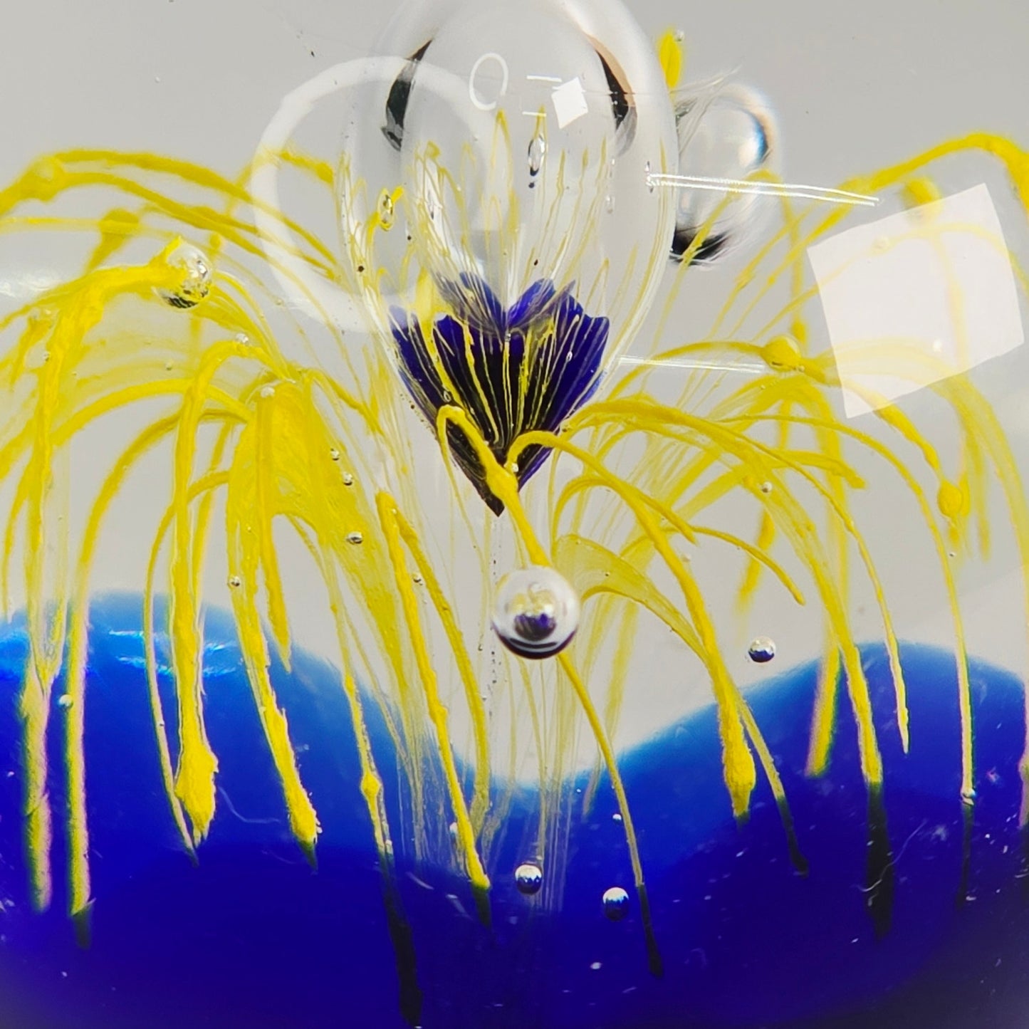 Art Glass Paperweight Cobalt Blue Yellow Firework Design