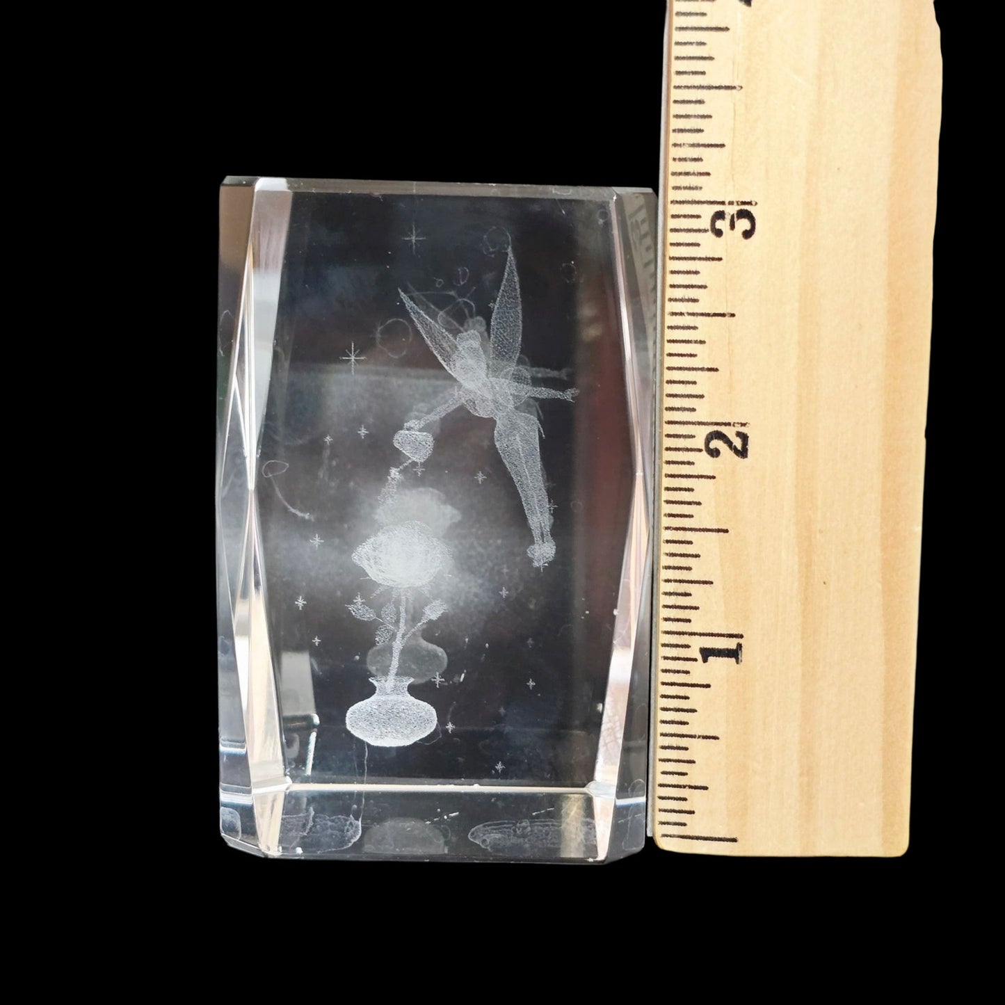 Disney Tinkerbell 3D Crystal Glass Cube Paperweight, Watering Flower Water Can