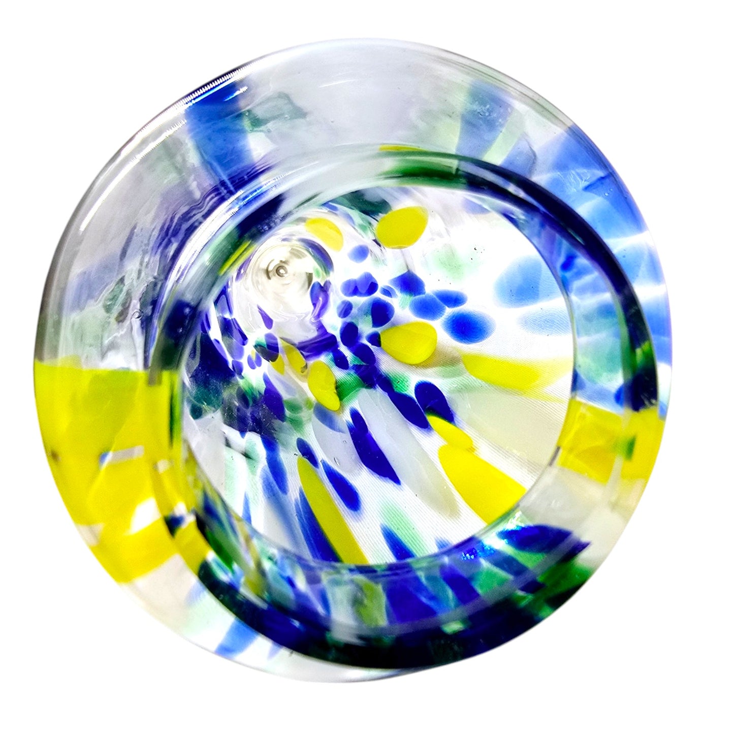 Handblown Art Glass Christmas Tree, Hollow, 8.25", Blue, Yellow, Green Glass