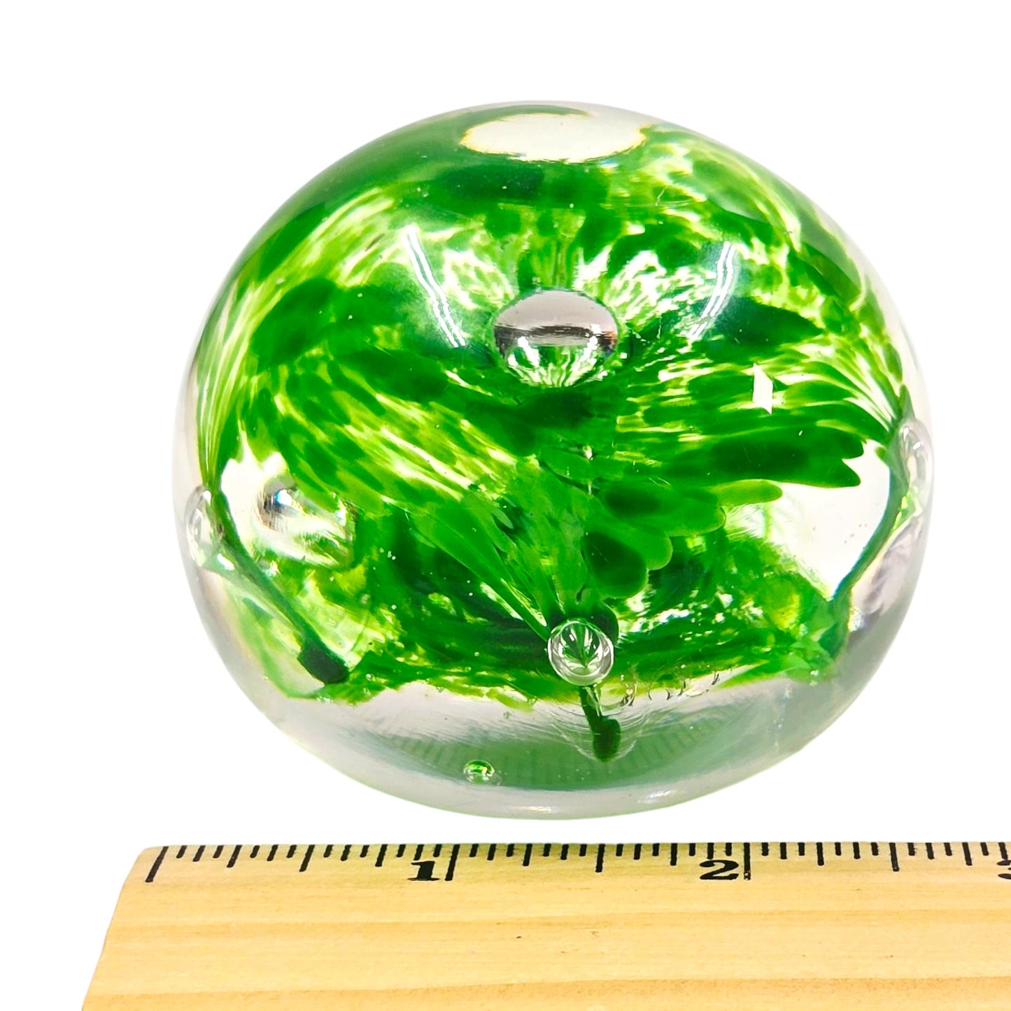 Hand-Blown Art Glass Paperweight, Green Flower Swirl AS IS Imperfection