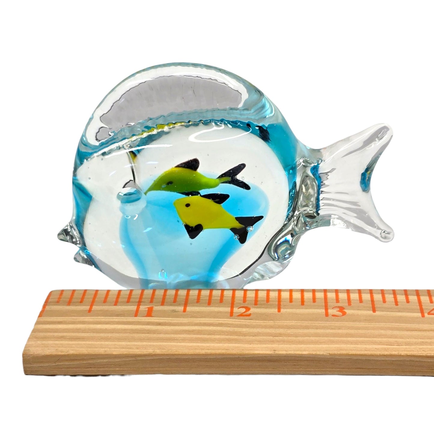 Vtg Art Glass Fish Paperweight Aqua Blue Interior Yellow Fish Aquarium Decor