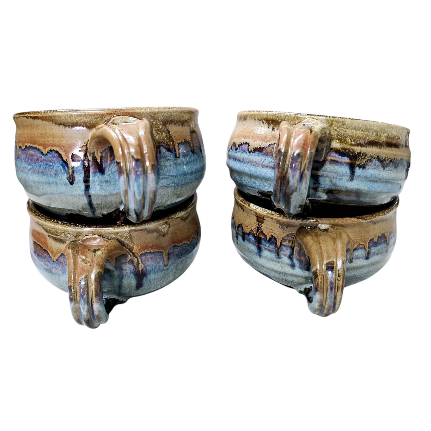 Set of 4 Signed Studio Art Pottery Drip Glaze Stoneware Soup Mug with Handle Coffee / Cappuccino Mug
