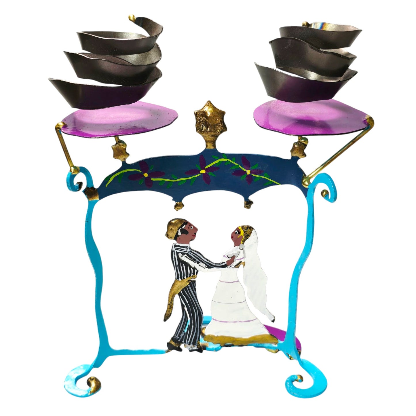Piper Strong Enameled Metal Sculpture, Metal with Brass Dancing Man Woman Bride Groom Wedding