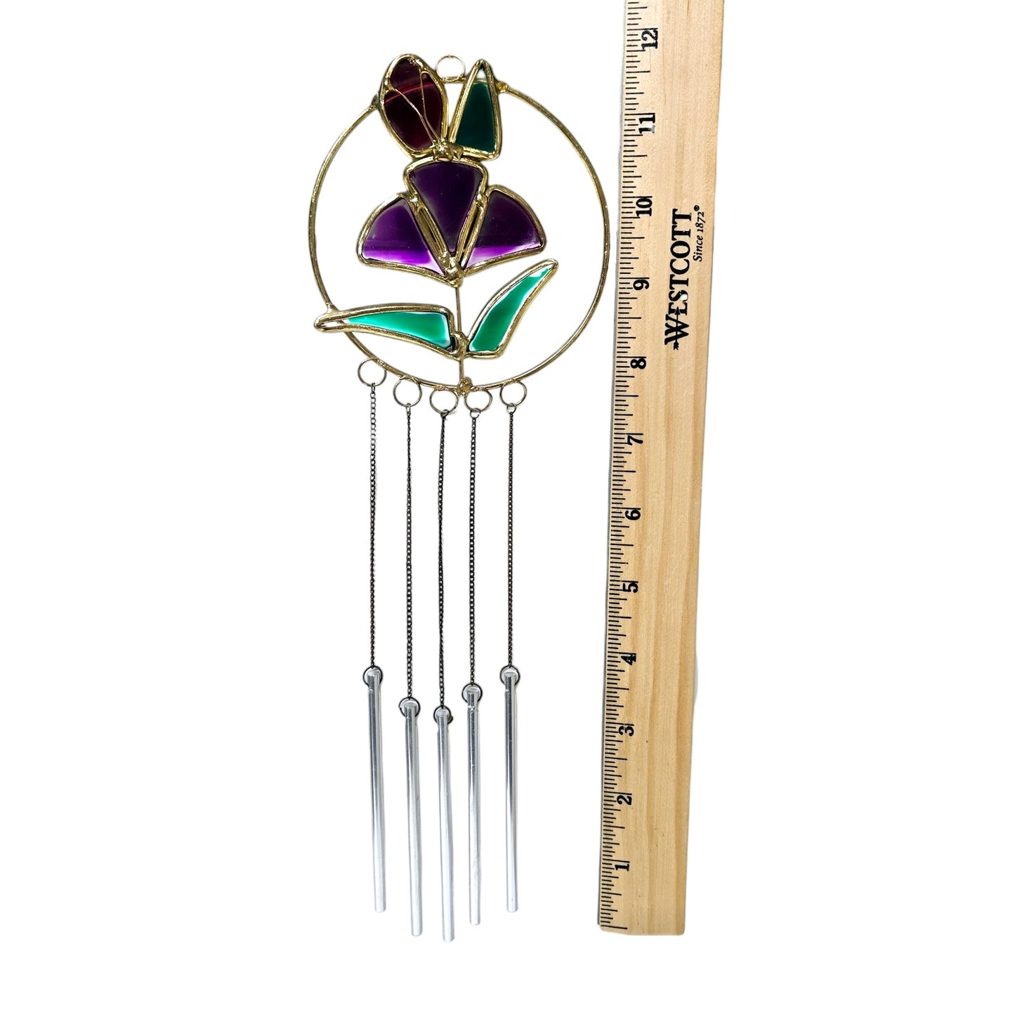 Stain Glass Garden Wind Chime Sun Catcher, Red & Purple Flower Hanging Decor