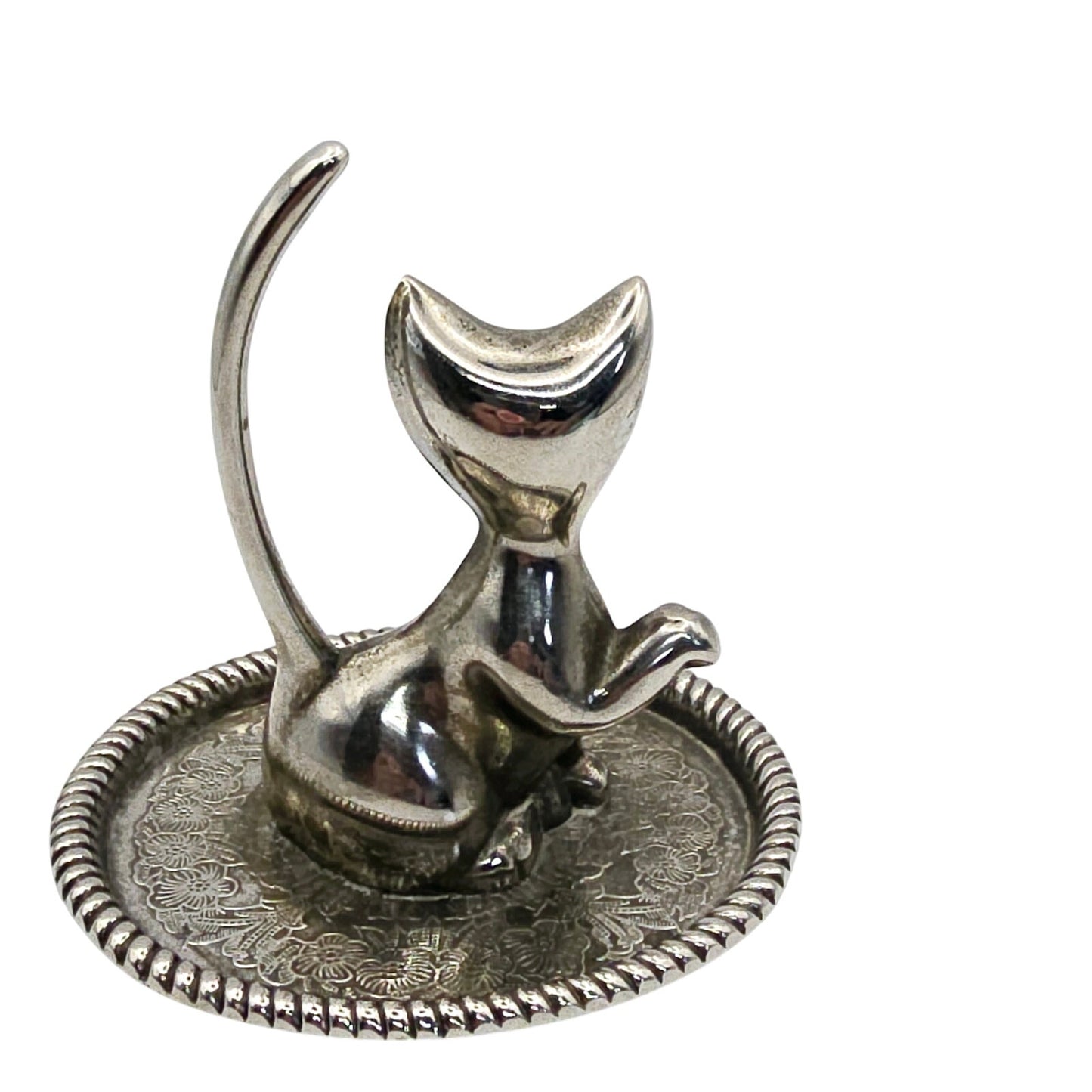 Vintage Silver Plated Cat Ring Holder with Ornate Trinket Underplate