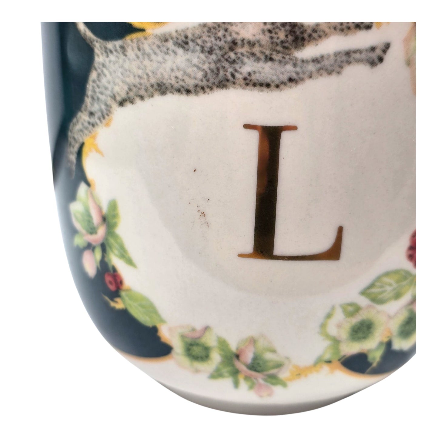 Anthropologie L Mug Monogram Leopard Lou Rota Floral Cup Gold Handle Boho-chic