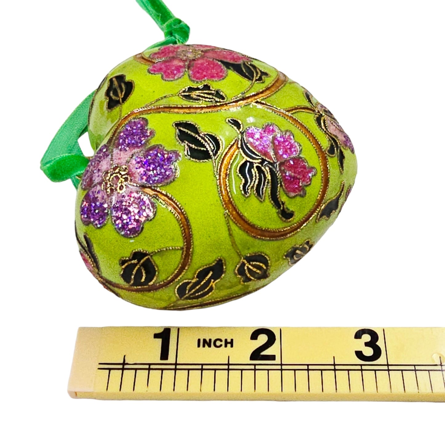 Cloisonne Puffy Heart Hanging Decor Ornament Green with Red Purple Flowers