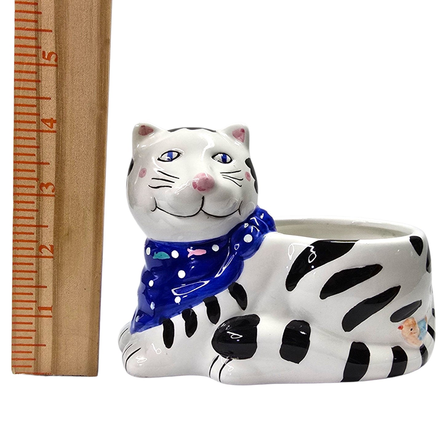 Striped Cat Planter Ceramic Handpainted Blue Scarf Bird Vtg Certified Intl CIC