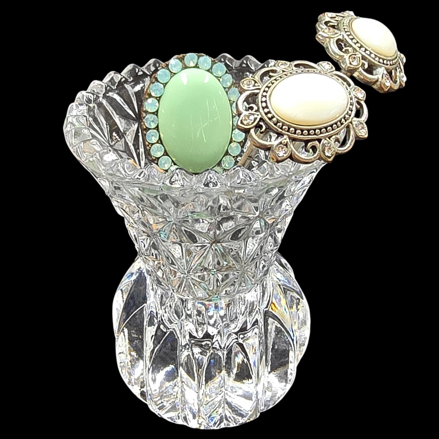 Vtg Crystal Toothpick Holder Bud Bulb Base Flared Top Pressed Glass Sawtooth Rim