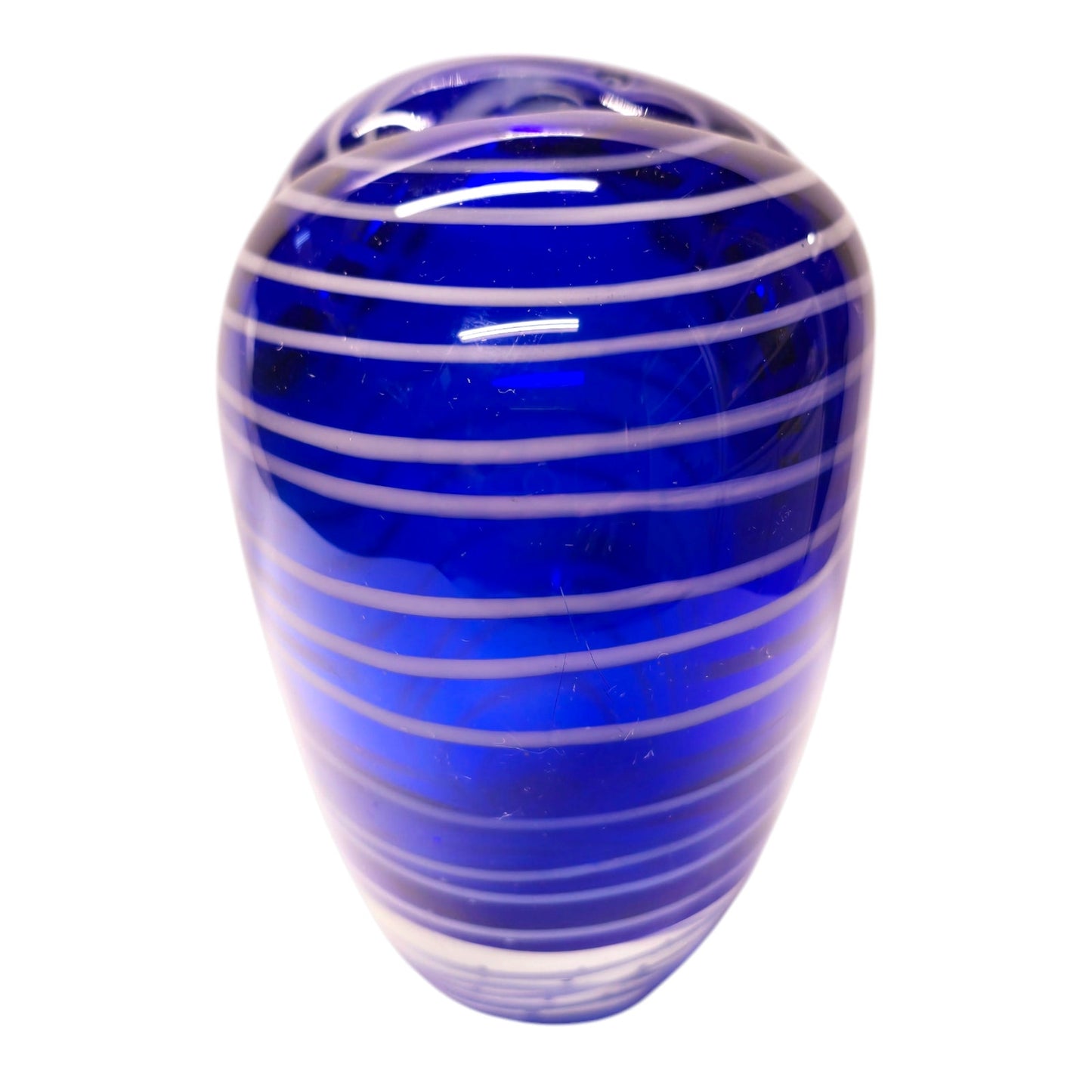 Hand Blown Art Glass Heart Shaped Vase with Blue White Stripes
